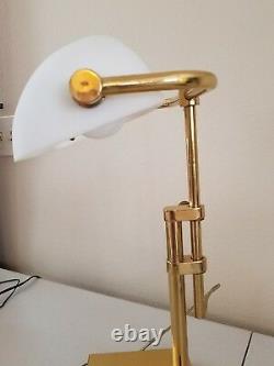 Vintage Brass Art Deco Bankers Desk Lamp White Glass Shade