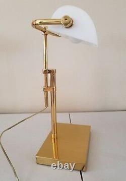 Vintage Brass Art Deco Bankers Desk Lamp White Glass Shade