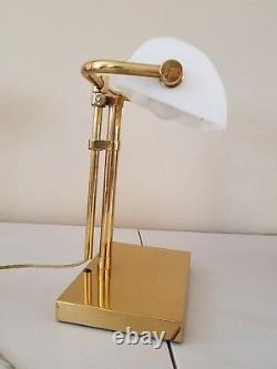 Vintage Brass Art Deco Bankers Desk Lamp White Glass Shade