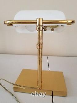 Vintage Brass Art Deco Bankers Desk Lamp White Glass Shade