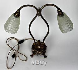 Vintage Brass Art Nouveau Desk Table Lamp with Glass Shades