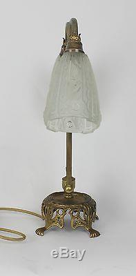 Vintage Brass Art Nouveau Desk Table Lamp with Glass Shades
