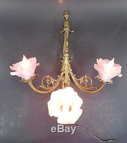 Vintage Brass Candelabra Wall Sconce Lamp Frosted Glass Flower Tulip Shades 8111