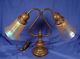 Vintage Brass/copper Double Light Table/desk Lamp Withsigned Nuart Glass Shades
