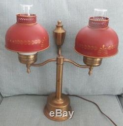 Vintage Brass Double Arm Student Table Lamp with Red Tole Tin Shades- Excellent