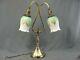 Vintage Brass Double Arm Table Lamp Light Matching Pulled Feather Glass Shades