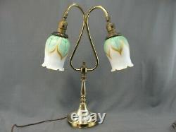 Vintage Brass Double Arm Table Lamp Light Matching Pulled Feather Glass Shades