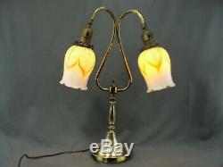 Vintage Brass Double Arm Table Lamp Light Matching Pulled Feather Glass Shades