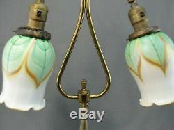 Vintage Brass Double Arm Table Lamp Light Matching Pulled Feather Glass Shades