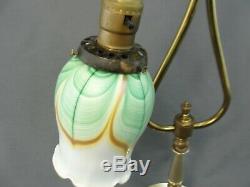 Vintage Brass Double Arm Table Lamp Light Matching Pulled Feather Glass Shades