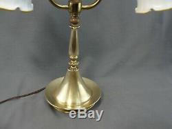 Vintage Brass Double Arm Table Lamp Light Matching Pulled Feather Glass Shades