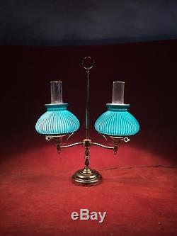 Vintage Brass Double STUDENT LAMP Green Glass Shades