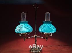 Vintage Brass Double STUDENT LAMP Green Glass Shades