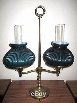 Vintage Brass Double STUDENT LAMP Ribbed Green Glass Shades & EXTRA SHADE