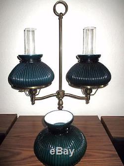 Vintage Brass Double STUDENT LAMP Ribbed Green Glass Shades & EXTRA SHADE