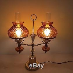 Vintage Brass Double Student Lamp Amber Diamond Quilt Shades