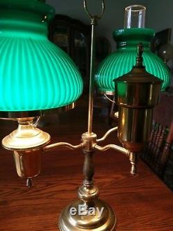 Vintage Brass Double Student Lamp Green Glass Shades