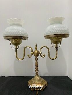 Vintage Brass Dual Student Desk Lamp Milk Glass Hobnail Shades Art Nouveau