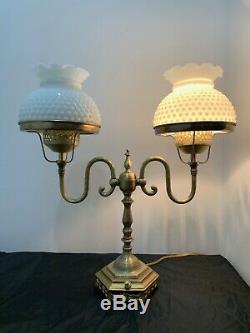 Vintage Brass Dual Student Desk Lamp Milk Glass Hobnail Shades Art Nouveau