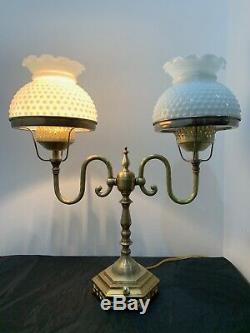 Vintage Brass Dual Student Desk Lamp Milk Glass Hobnail Shades Art Nouveau