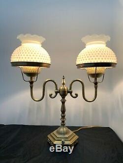 Vintage Brass Dual Student Desk Lamp Milk Glass Hobnail Shades Art Nouveau