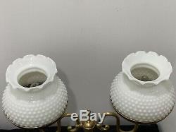 Vintage Brass Dual Student Desk Lamp Milk Glass Hobnail Shades Art Nouveau