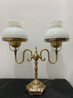 Vintage Brass Dual Student Desk Lamp Milk Glass Hobnail Shades Art Nouveau