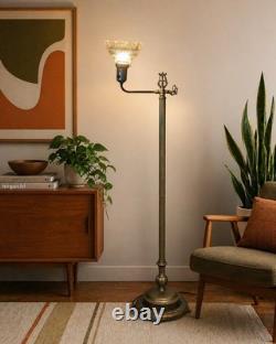 Vintage Brass Floor Lamp Dual Light Bridge Arm Glass Shade Night Light Art Deco
