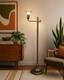 Vintage Brass Floor Lamp Dual Light Bridge Arm Glass Shade Night Light Art Deco