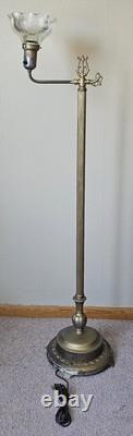 Vintage Brass Floor Lamp Dual Light Bridge Arm Glass Shade Night Light Art Deco