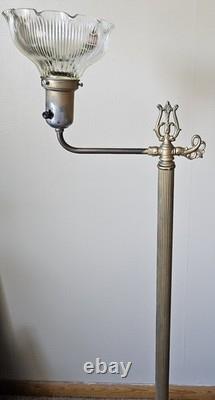 Vintage Brass Floor Lamp Dual Light Bridge Arm Glass Shade Night Light Art Deco