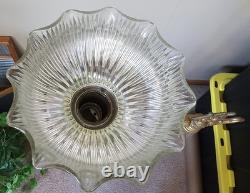 Vintage Brass Floor Lamp Dual Light Bridge Arm Glass Shade Night Light Art Deco