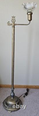 Vintage Brass Floor Lamp Dual Light Bridge Arm Glass Shade Night Light Art Deco
