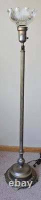 Vintage Brass Floor Lamp Dual Light Bridge Arm Glass Shade Night Light Art Deco