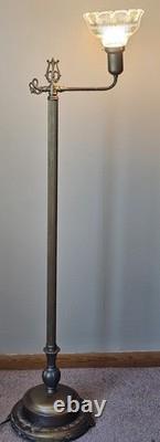 Vintage Brass Floor Lamp Dual Light Bridge Arm Glass Shade Night Light Art Deco