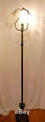 Vintage Brass Floor Lamp with 3 Arms Frosted Glass Bell Shaped Shades Cast Base