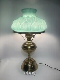 Vintage Brass Hurricane Lamp Green Milk Glass Quilted Shade 20 Tall