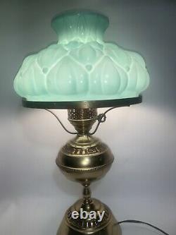 Vintage Brass Hurricane Lamp Green Milk Glass Quilted Shade 20 Tall