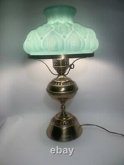 Vintage Brass Hurricane Lamp Green Milk Glass Quilted Shade 20 Tall