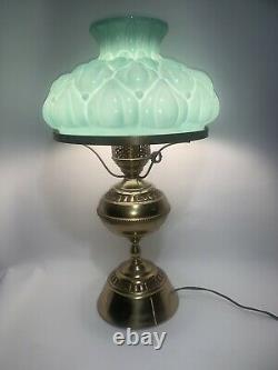 Vintage Brass Hurricane Lamp Green Milk Glass Quilted Shade 20 Tall