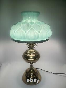 Vintage Brass Hurricane Lamp Green Milk Glass Quilted Shade 20 Tall