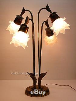 Vintage Brass Lamp 4 Stem Arm Flowers Satin Glass Tulip Rose Petal Shades