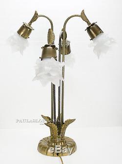 Vintage Brass Lamp 4 Stem Arm Flowers Satin Glass Tulip Rose Petal Shades