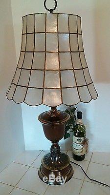 Vintage Brass Lamp with Capiz Paneled Lamp Shade RARE