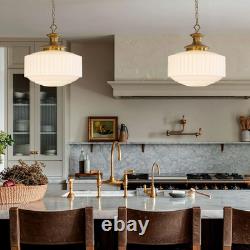 Vintage Brass Milk Glass Pendant Light Fixture, 13.8 White Pleated Glass Chande