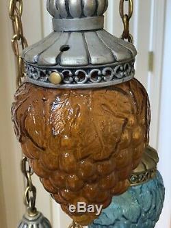 Vintage Brass Retro Swag Chandelier Lamp Glass Grape Cluster Shade