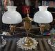 Vintage Brass Student Double Oil Lamp With White Shades