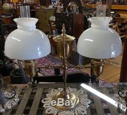 Vintage Brass Student Double Oil Lamp with White Shades