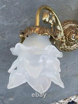 Vintage Brass Vanity Light 2 Bulb Roses Shade