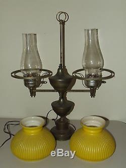 Vintage Brass Victorian Dual Student Piano Table Lamp with Yellow Glass Shades